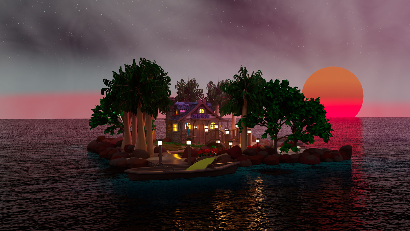 Low-poly island cottage at sunset — 3D environment render